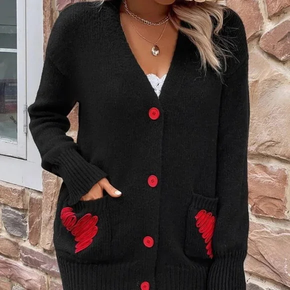 Black Casual Womens Heart Print Cardigan - Picture 5 of 5